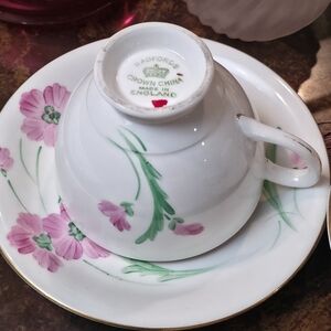 Radfords Crown China Teacup Saucer Set Pink Floral Gold Gilt Vintage England